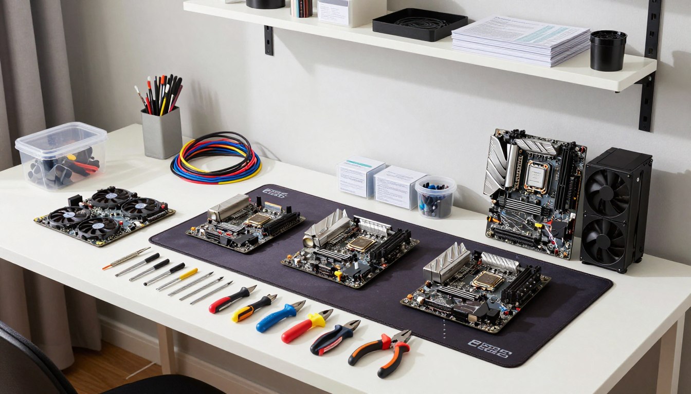 Static-safe parts workspace with organized components and tools